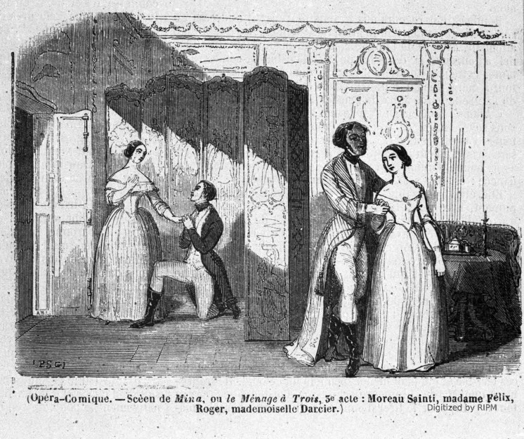 Opéra-Comique. — Scène de <em>Mina, ou le Ménage à Trois</em>, 3e acte : Moreau Sainti, madame Félix, Roger, mademoiselle Darcier.