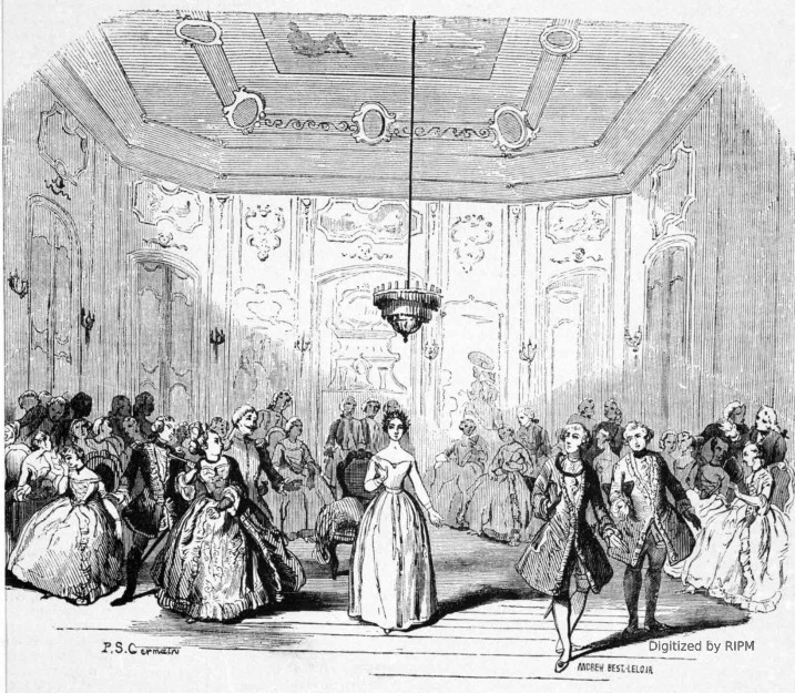 Opéra-Comique :  <em>Cagliostro</em>, 3e acte, scène de magnétisme. — Madame Anna Thillon, Corilla; madame Boulanger, la marquise; madame Pottier, Cécilli; M. Chollet, Cagliostro; M. Henri, Caracoli; M. Mocker, le chevalier.