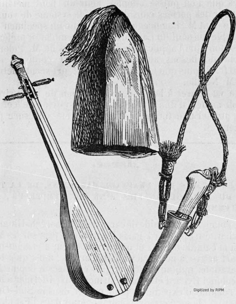 Instrument de musique, poignard et bonnet.
