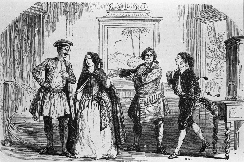 Théâtre de l'Opéra-Comique. — <em>Le Veuf du Malabar</em>. — Laverdurette, M. Riquier; Moussoul, M. Chaix; Marforio, M. Sainte-Foix;  Dgina, madame Potier.