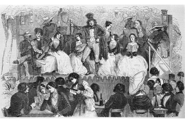 Champs-Élysées. — Chanteurs devant le café Morel.