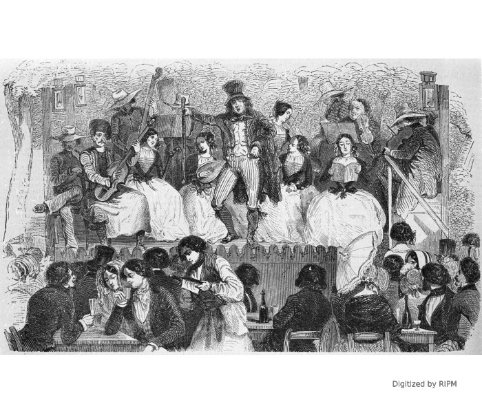 Champs-Élysées. — Chanteurs devant le café Morel.