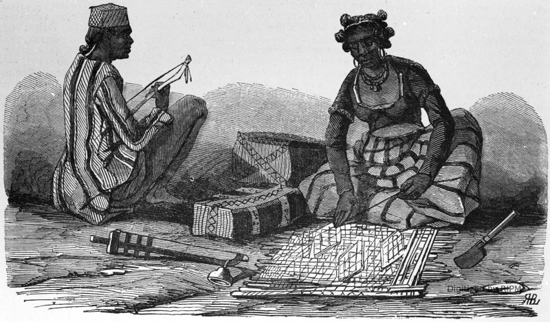 Madagascar. — Marémite ou matelot malgache. Femme malgache tissant une poque. — D’après le dessin de M. d’Hastrel.