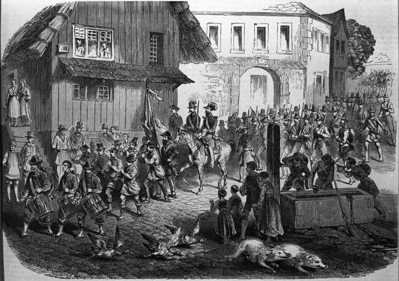 Struve et les républicains allemands partant de Lœrrach pour Mülheim, d’après un croquis de M. Elliot.