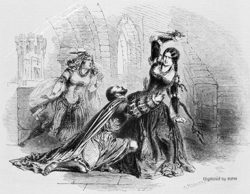 Théâtre de l’Opéra. — <em>Jeanne la folle</em>, 4e acte. —Jeanne, mademoiselle Masson ;  Aïxa, mademoiselle Grimm ;  Philippe d’Autriche, M. Gueymard.