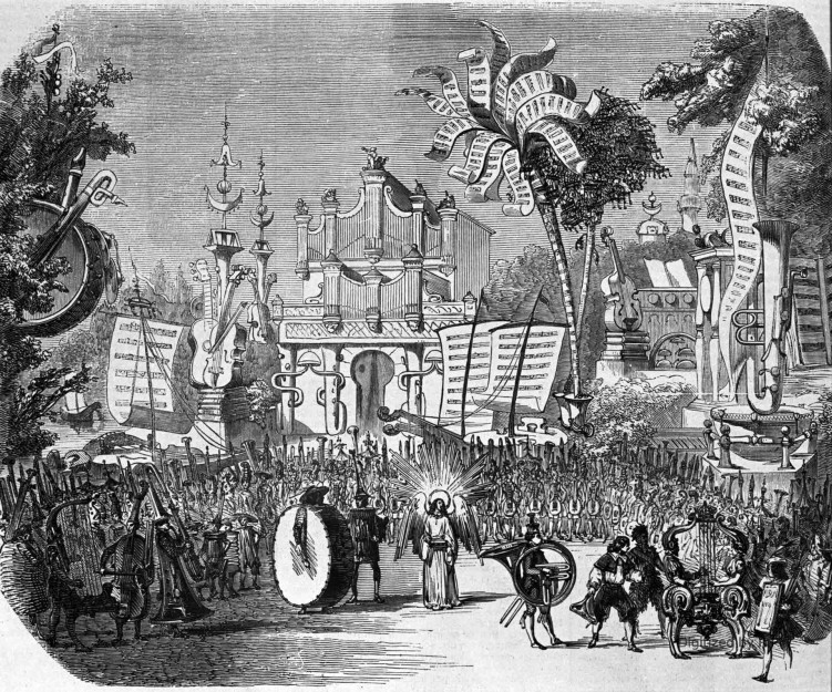 Théâtre du Cirque-National. — <em>La Poule aux Œufs d’or</em>, 3e acte, 23e tableau. — Le Séjour de l’Harmonie, décoration par M. Rivière, costumes de M. Bourdillat.
