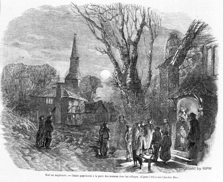 Noël en Angleterre. — Chants populaires à la porte des maisons dans les villages, d’après l'lllustrated London News.
