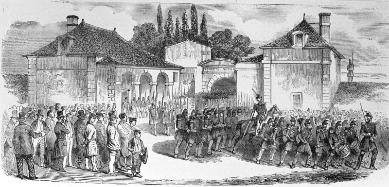 Entrée à Toulon par la porte de France du 6e bataillon de la garde mobile se rendant en Corse, d’après un croquis envoyé par M. Letuaire.