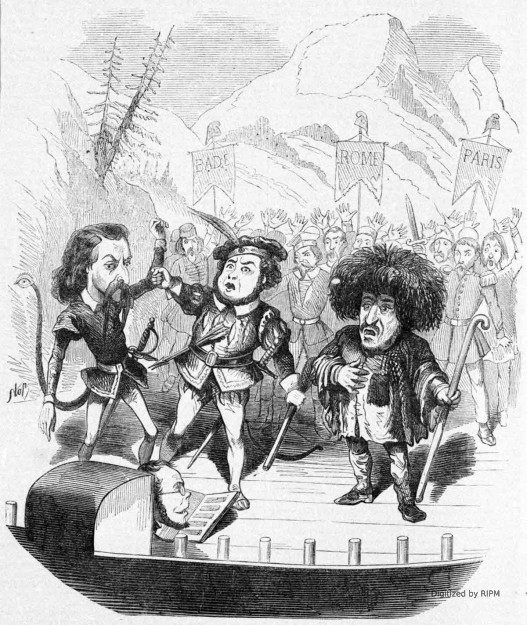 L’Opéra à Genève en septembre 1849. — <em>Guillaume Tell</em>, acte deuxième. Si parmi nous il est des traîtres !... — Caricature par Stop.