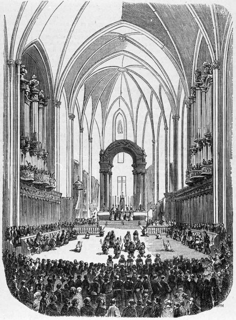 Cérémonies de la Fête-Dieu à Aix. — Consécration des jeux dans l’église de Saint-Sauveur, d’après un croquis envoyé par M. H. Révoil.