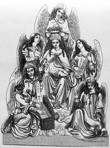 Anges en adoration devant la Vierge, groupe sculpté par M. Geerts, de Louvain.