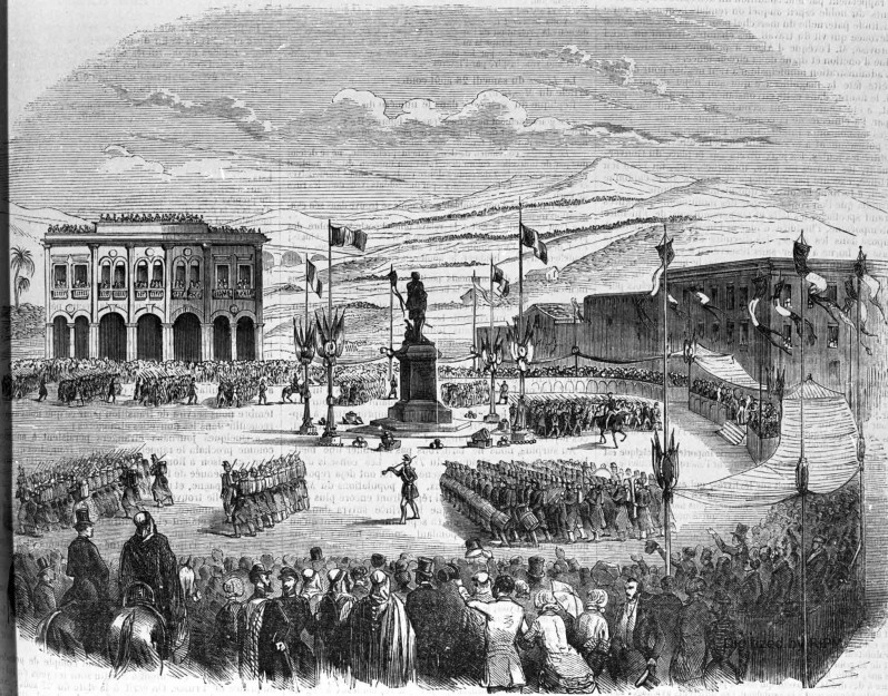 Inauguration de la statue du maréchal Bugeaud, à Alger, le 14 août 1852, — Dessin de Janet-Lange, d’après M. Ch. Ameller ;  gravure de Best et Hotelin.