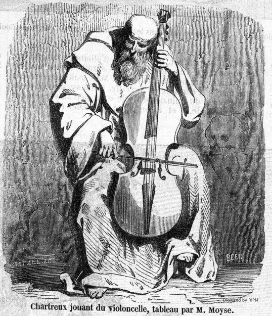 Chartreux jouant du violoncelle, tableau par M. Moyse.