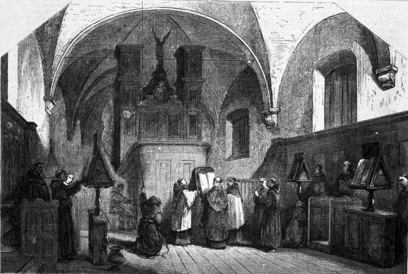 Moines de l'ordre de saint François chantant un <em>Te Deum</em>, tableau par M. Bosboom.