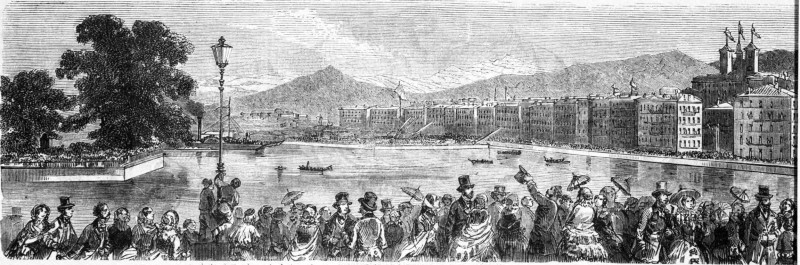 Arrivée, à Genève, du bateau à vapeur conduisant les Sociétés de musique au grand concert fédéral helvétique.