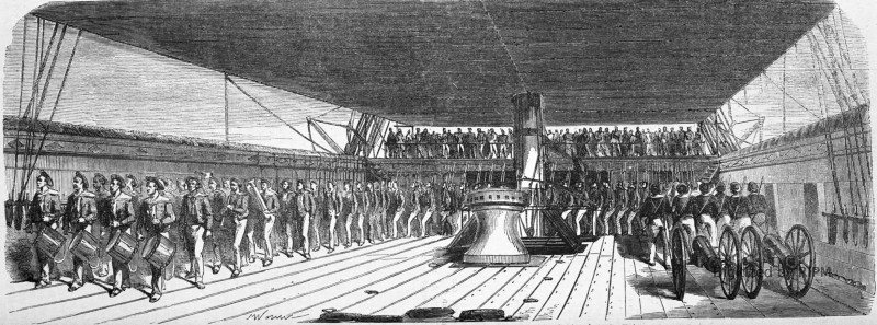Défilé de l’équipage de la Poursuivante devant l’empereur du Brésil. — D’après les dessins de M. A. Frémy.