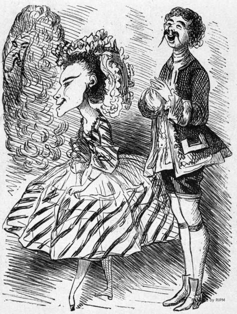 Théâtre-Lyrique. — <em>La Fanchonnette</em> et son jeune ami. — Voilà madame Miolan qui commence son point d’orgue du 2e acte ;  nous avons le temps d’aller prendre un grog et de revenir avant qu’elle ait fini. (Historique.)
