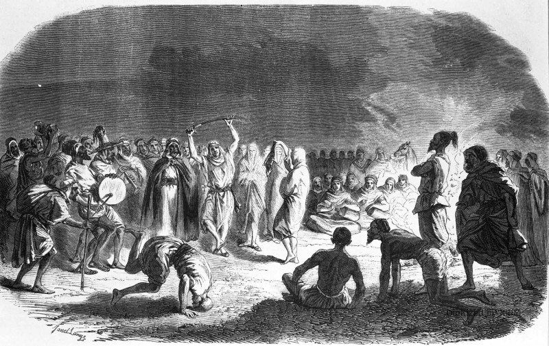Fête du mariage arabe, figurée par les zouaves du camp de Châlons, le 17 septembre. — D’après les croquis envoyés par M. Worms.