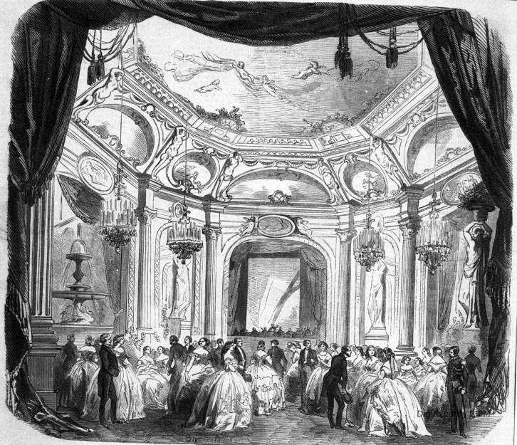 Le bal de M. et Mme Mirés. Salle improvisée par M. Arveuf, architecte, construite par MM. Jaud et Lassarre, peinte par M. Cambon, ornée de statues par M. Cruchet.