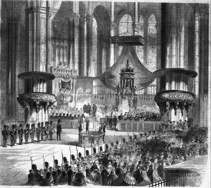 <em>Te Deum</em> chanté dans la cathédrale de Milan. — D’après un croquis de M. J. Gaildrau.