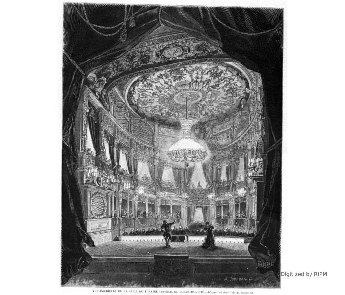 Vue intérieure de la salle du Théâtre impérial de Dolma-Bagchté. — D’après un dessin de M. Hammont.