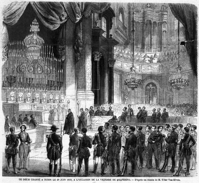 <em>Te Deum</em> chanté à Turin le 29 juin 1859, à l’occasion de la victoire de Solferino. — D’après un dessin de M. Tétar Van Elven.