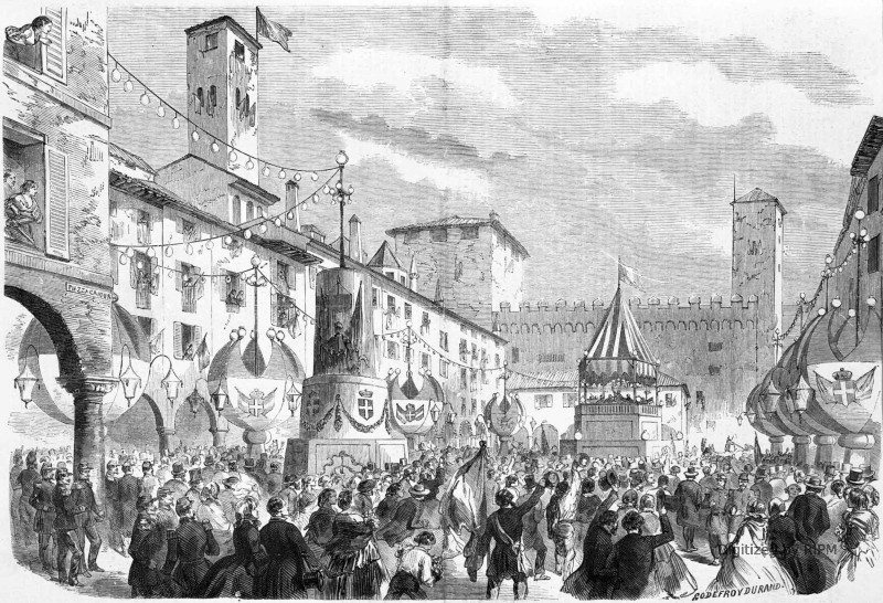 Décoration de la place Cavour, à Crémone, pour la réception du roi Victor-Emmanuel. — D’après un dessin de M. H. de Bouchemann, capitaine au 18e chasseurs à pied.