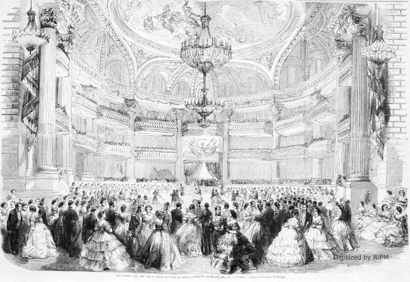 Bal offert à LL. MM. par la ville de Bordeaux dans la salle du Grand Théâtre, le 11 octobre. — D’après un dessin de M. Philippe.