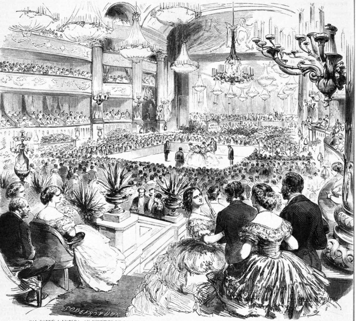 Bal donné à l’Opéra, au bénéfice de la caisse des pensions de retraite des artistes et employés de ce théâtre. Exécution du Quadrille impérial par les artistes de l’Opéra.
