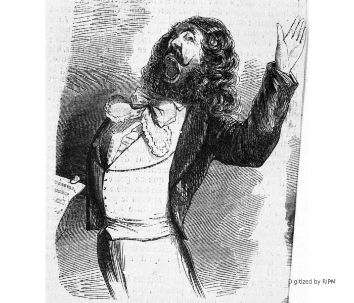 Donnant l’ut dièze comme Tamberlik, mais employant des ficelles ;  passe pour un chanteur usé jusqu’à la corde.