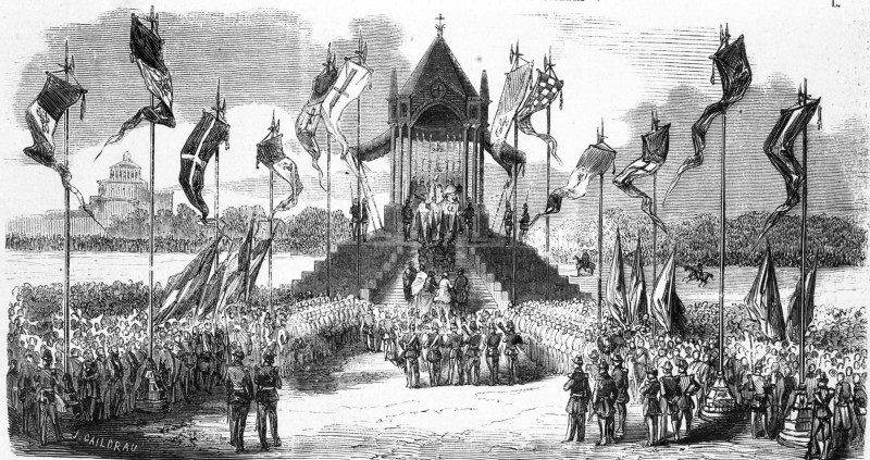 Fête populaire à Milan pour l’anniversaire du Triomphe de l’indépendance lombarde en 1848. — D’après un dessin de M. Pietro Ronchetti.