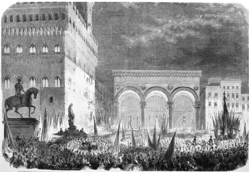 Le ministre des grâces et de la justice proclamant le résultat du suffrage universel en Toscane sur le balcon du palazzo Vecchio, à Florence, dans la nuit du 15 mars. — D’après un dessin de M. Niccola Sanesi.