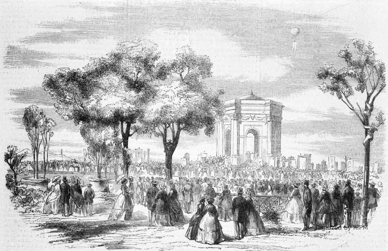 Festival des orphéonistes et des musiques militaires sur la promenade du Peyrou, à Montpellier. D’après les croquis envoyés par M. Laurens.