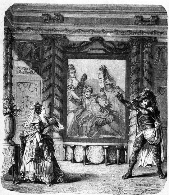 Théâtre de l’Opéra-Comique. — Une scène de <em>Zémire et Azor</em>, représenté en 1771. — D’après une estampe du dernier siècle.