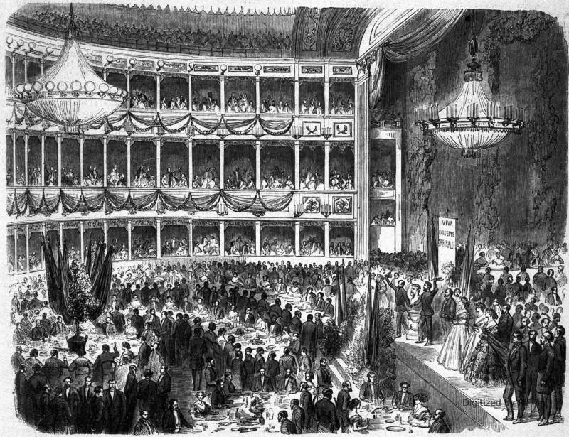 Banquet italien donné au théâtre Naoum, à Constantinople, pour la fête de Garibaldi. — D’après un croquis de M. Pawillée.