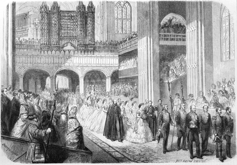 Mariage de S. A. R. le prince de Galles. — Cérémonie du mariage dans la chapelle de Windsor. — D’après un croquis de M. Blanchard.