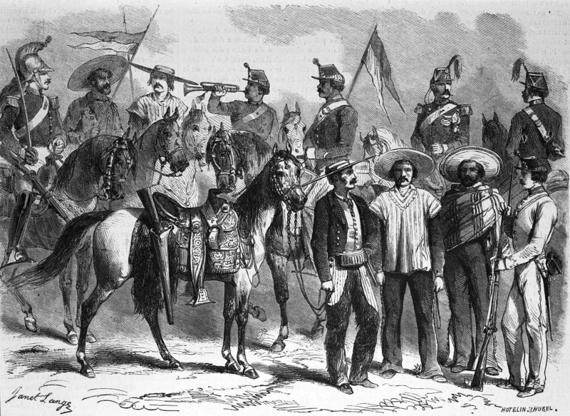 Soldats de l’armée mexicaine. — D’après un croquis de M. Girardin, officier au 1er chasseurs d’Afrique... Trompette de cavalerie...