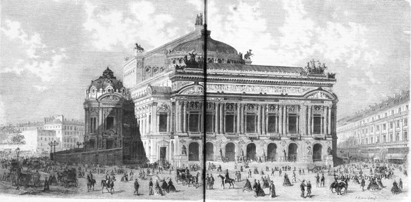 Le nouvel Opéra, d’après le modèle en relief exposé au salon de 1863, exécuté par M. Villeminot, sur les plans et sous la direction de M. Garnier, architecte.