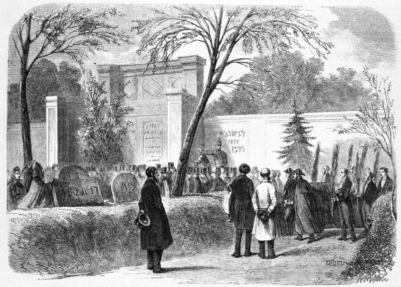 Funérailles de G. Meyerbeer dans le cimetière israélite de Berlin, tombeau de la famille Beer. — D’aprèss un croquis de M. L. Lœffler.
