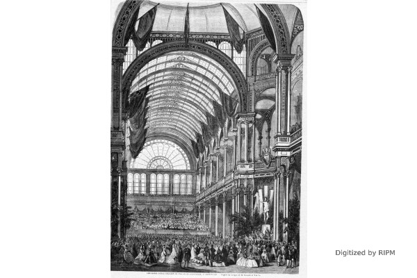 Cérémonie d’inauguration du palais de l’industrie, à Amsterdam. — D’après un croquis de M. Gerardt et Van Es.