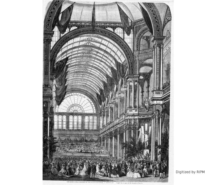 Cérémonie d’inauguration du palais de l’industrie, à Amsterdam. — D’après un croquis de M. Gerardt et Van Es.