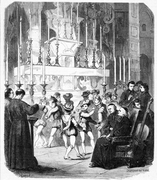 Le Ballet des six  exécuté à la cathédrale de Séville, pendant l’octave de la Fête-Dieu. — D’après un dessin de M. Gérardo Postma.