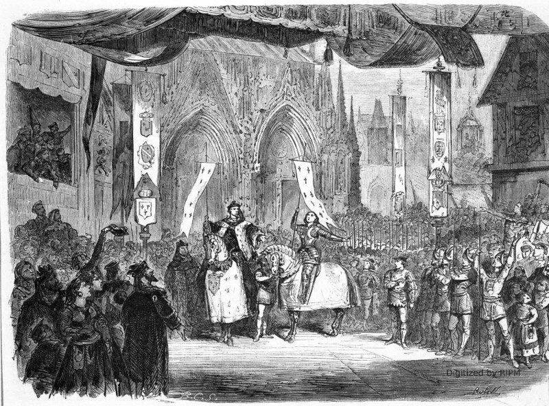 Grand Théâtre-Parisien : <em>Jeanne d’Arc</em>  opéra en cinq actes et prologue ;  Acte IIIe, scène dernière. — Décor de M. Simon.
