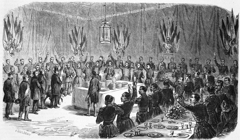 L’empereur honorant de sa présence le banquet offert à Saint-Cloud  par le 1er régiment de grenadiers de la garde, à la musique du 34e régiment de fusiliers de Poméranie.