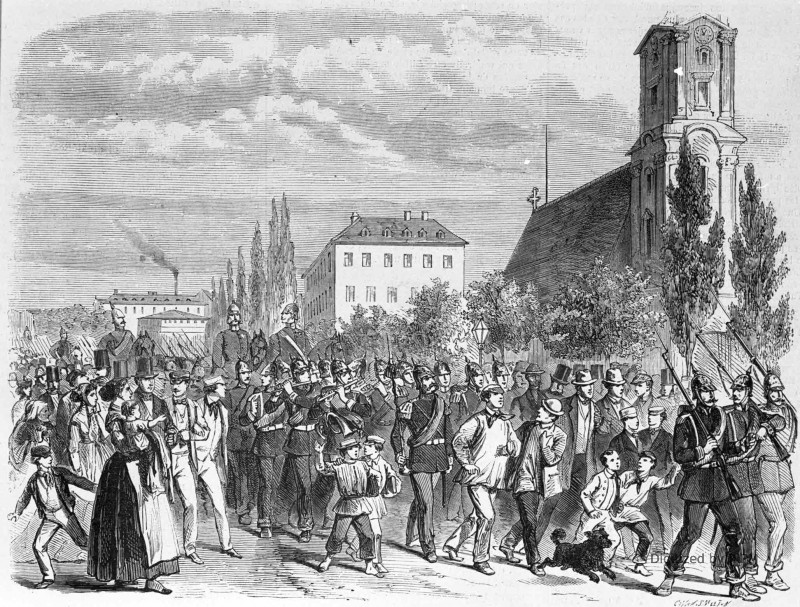 Entrée des troupes prussiennes à Leipzig, le 19 juin. — D’après les croquis de nos correspondants spéciaux.