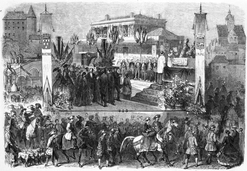 Inauguration du chemin de fer de Laval à Mayenne. Arrivée du train d’honneur et cavalcade à Mayenne.