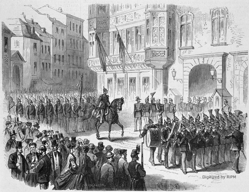 Évacuation de Luxembourg. — Défilé du dernier bataillon de la garnison prussienne devant S. A. R. le prince Henri des Pays-Bas. — Croquis de M. Bélanger.