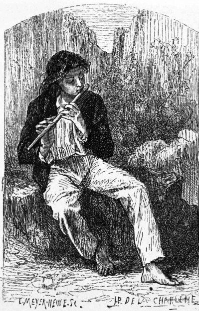Paul jouant de la flûte. [Gravures extraites de <em>Paul et Virginie</em>, illustré par H. de la Charlerie, édité par Lemerre.]