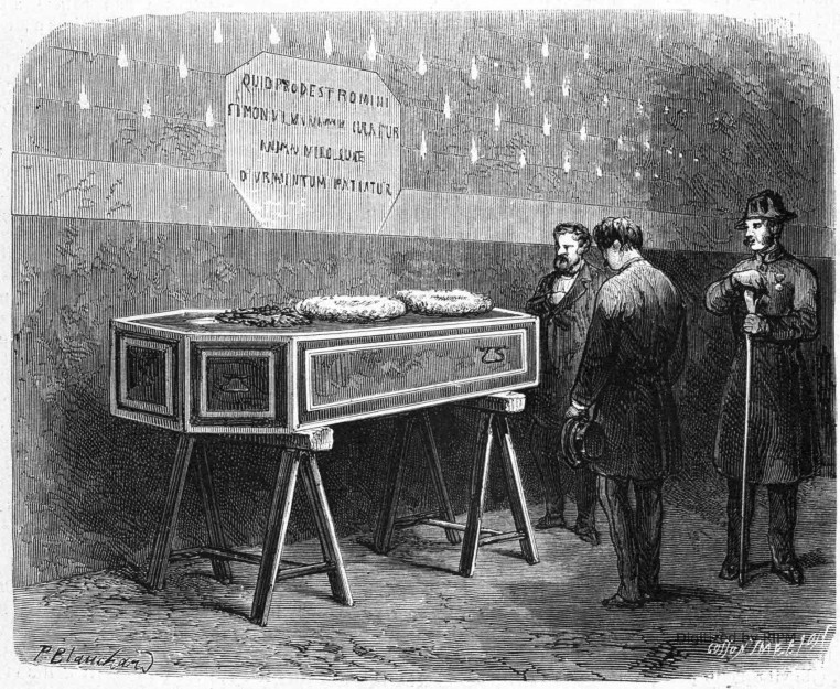 Le cercueil de Rossini dans les caveaux de la Madeleine.
