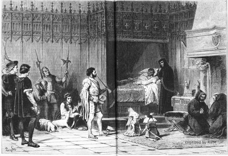 Salon de 1869. — Bohémiens faisant danser des petits cochons devant Louis XI, malade, tableau de M. P.-C. Comte. — D’après les photographies de M. Michelet.